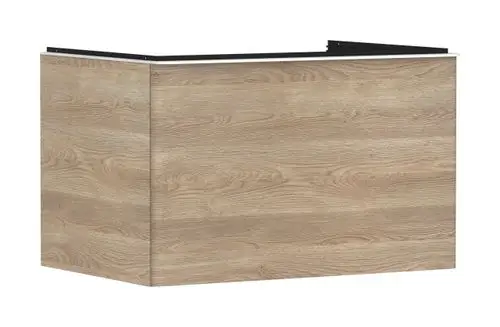Holzfarbener Waschtischunterschrank von Hansgrohe mit einer Schublade, geeignet für einen Aufsatzwaschtisch, einfache Kanten und geschliffene Oberfläche.